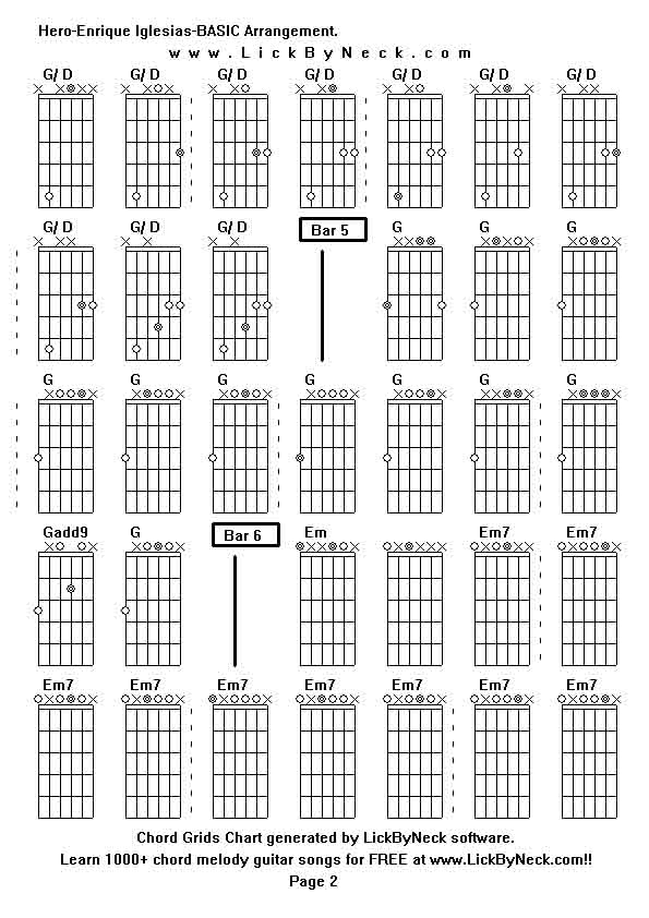 Chord Grids Chart of chord melody fingerstyle guitar song-Hero-Enrique Iglesias-BASIC Arrangement,generated by LickByNeck software.